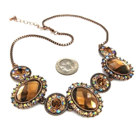 Vintage Topaz Aurora Borealis Rhinestone Copper Tone Choker Necklace 16” - Picture 2 of 9